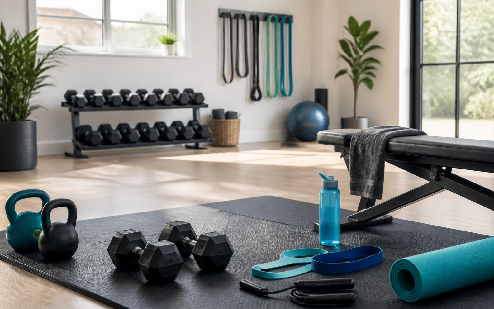 Organized workout equipment in a bright training space